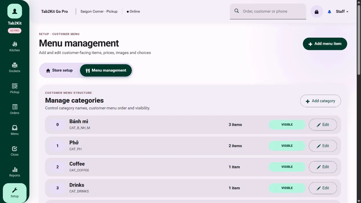 Tab2Kit Go Pro menu management showing categories, menu items and prices