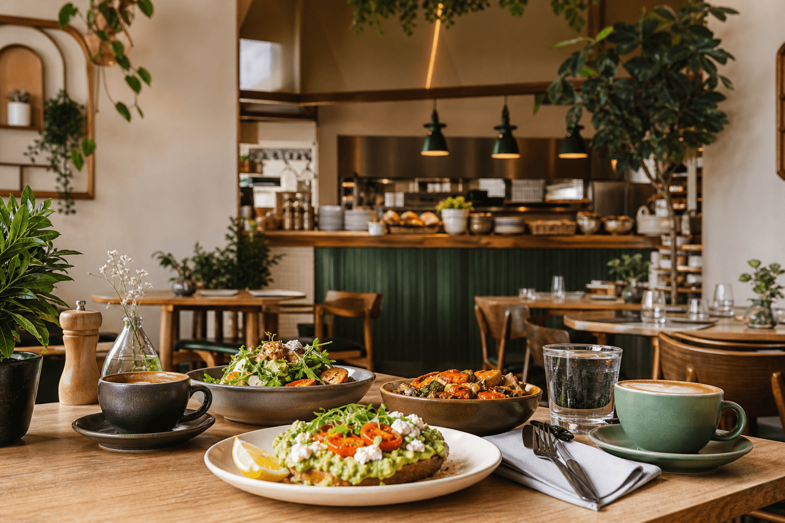 Warm modern cafe and restaurant dining scene